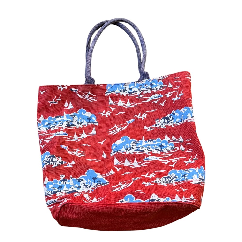 Mud Pie Red Nautical Harbor Print Canvas Tote Bag Rope Handles Coastal Beach